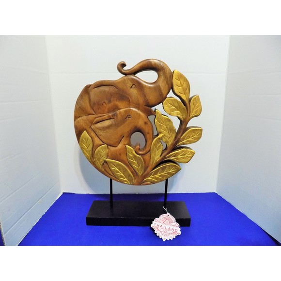 NEW Wood Carved Elephants Statue Sculptures Thai Zen Home Decor - Picture 1 of 5